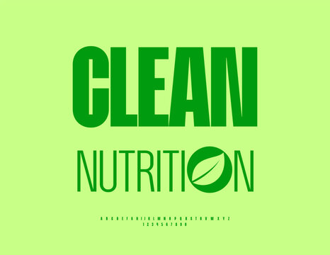 Vector Healthy logo Clean Nutrition with Decorative Element. Elegant Green Font. Typography Modern Alphabet Letters and Numbers set.