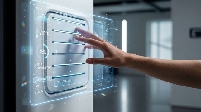 Hand interacting with smart home holographic interface managing system controls