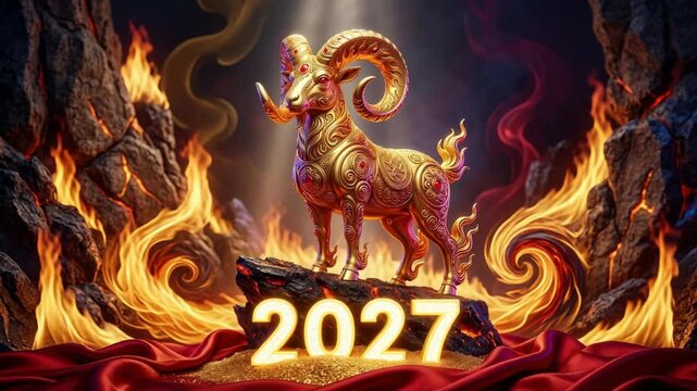 Lunar calendar computation: Chinese zodiac, 2027 year, fire goat, sheep horoscope, eastern sign, tradition destiny, culture symbolism, dynamic background, glowing number.
