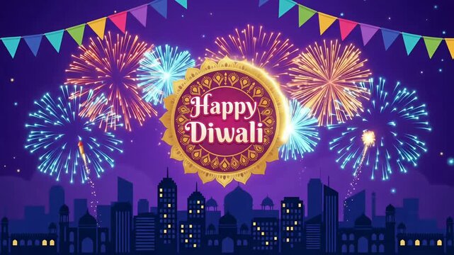 Happy Diwali animated greeting with fireworks over city skyline and glowing golden emblem for festival of lights motion graphic
