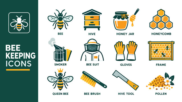 Beekeeping colorful icon set. Featuring bee, hive, honey jar, honeycomb, bee suit, and smoker. Vector icons for apiary designs, agricultural projects, and educational materials.