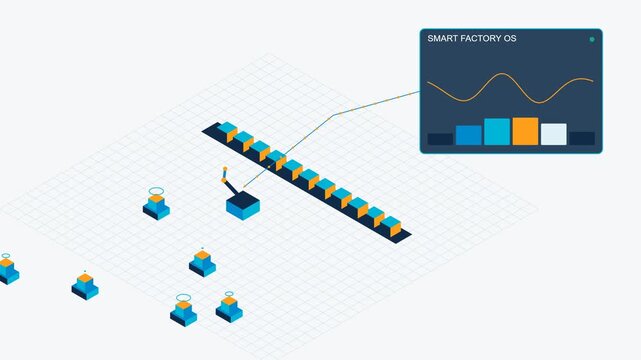 Isometric smart factory os animation with automated robotic assembly line and real-time data dashboard analytics monitoring industrial manufacturing processes and io t production