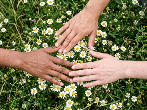 Many human hands stacked together in unity and friendship over green meadow with white daisies