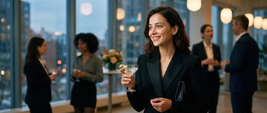 Generative AI, Elegant businesswoman enjoying a cocktail at a corporate networking party