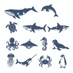 Collection of Marine Life Silhouettes on White Background © EmmaJohnson