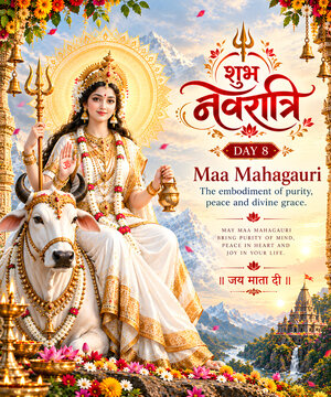 Navratri Day 8 Greeting with Maa Mahagauri Seated on a Sacred White Bull, Hindu Goddess of Purity and Peace in White and Gold Attire, Holding Trident and Sacred Vessel, Radiant Golden Mandala, Himalay