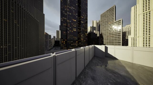 Empty rooftop terrace overlooking Dallas skyline, architect survey mood with warm sunlight casting long shadows across concrete parapet and reflective glass