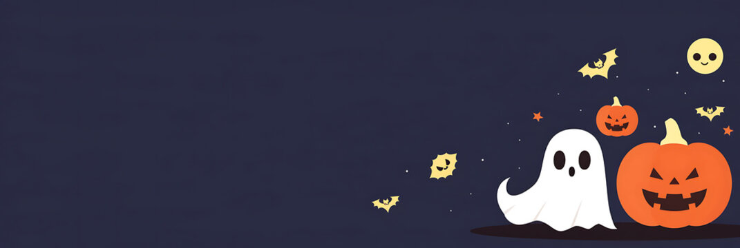 Minimalist flat vector Halloween web banner featuring a smiling pumpkin ghost and bats on a dark blue background