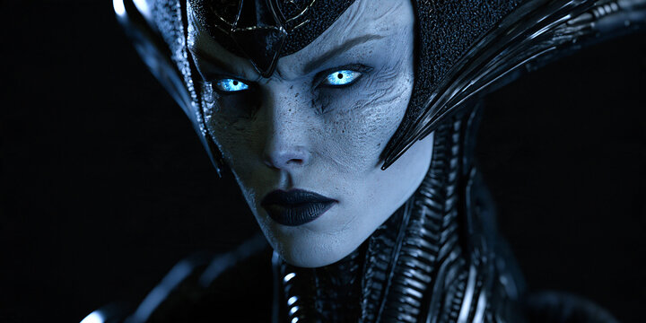 female alien with glowing blue eyes in biomechanical armor, futuristic alien warrior with black helmet and blue eyes, mysterious extraterrestrial woman in dark biomechanical armor