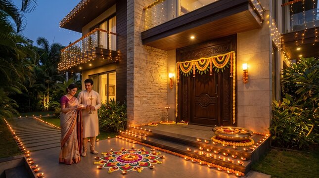 Indian couple celebrating Diwali outside modern home decorated with festive lights