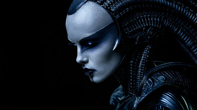 female alien with glowing blue eyes in biomechanical armor, futuristic alien warrior with black helmet and blue eyes, mysterious extraterrestrial woman in dark biomechanical armor