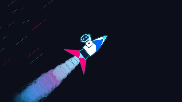 Cute robot riding a colorful spaceship launching through space with glowing exhaust trail and stars animation