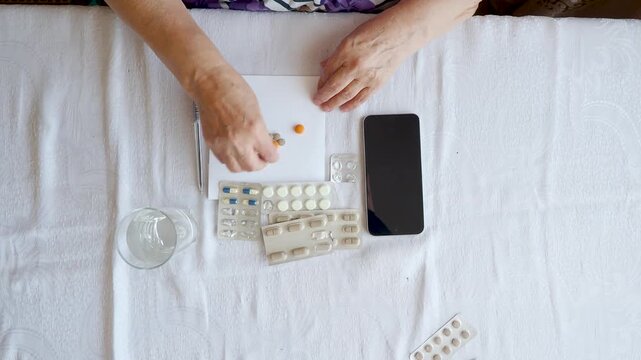 Senior Woman Sorting Pills and Medication Packs at Home