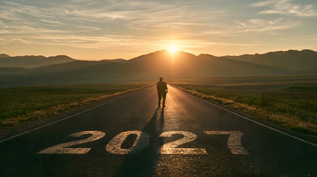 2027 New Year transformation concept, road covered with chronological year numbers, bright sunrise at the end of the road, green fields and mountain silhoue