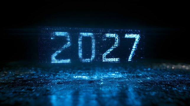  A blue pixelated image with the year.