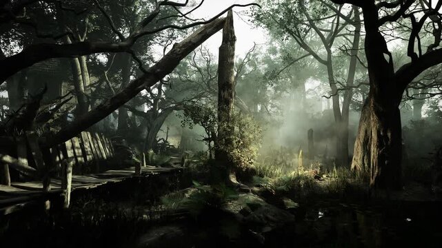 Soft fog drifts through tall trees in a captivating forest. Shadows dance as light filters through leaves, creating an eerie yet beautiful atmosphere. Nature reigns in this tranquil and magical place.