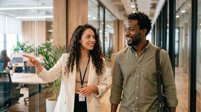 Woman giving office tour with smiling colleague in modern workplace, pointing toward glass meeting room during welcoming conversation and professional orientation