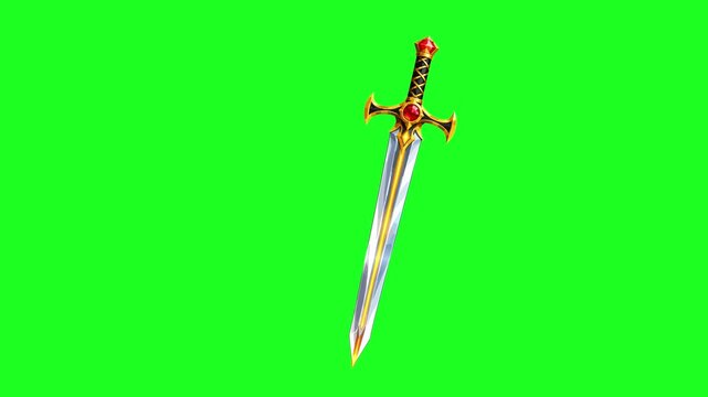 3D medieval fantasy dagger with golden jeweled hilt isolated on green screen chroma key background.