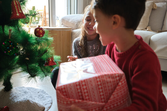 Children celebrating christmas receiving present at home