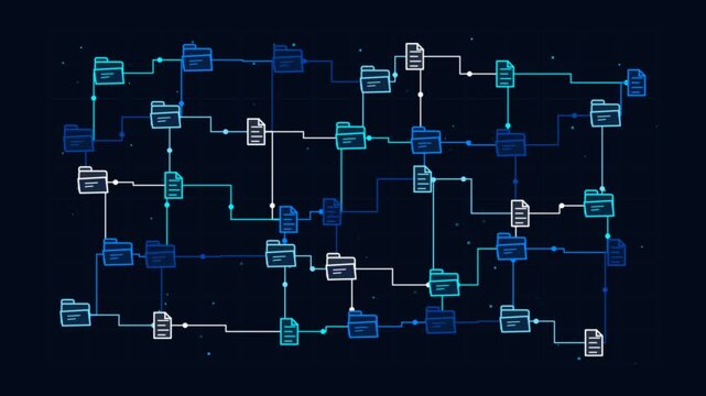 Digital file network and data management animation background: connected folders and documents transferring information on dark cyber grid