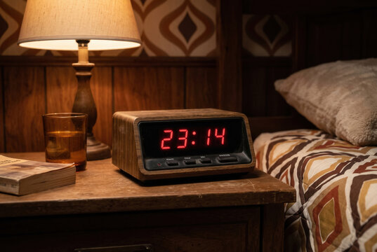 1980s-Style Digital Alarm Clock Beside a Bed at Night