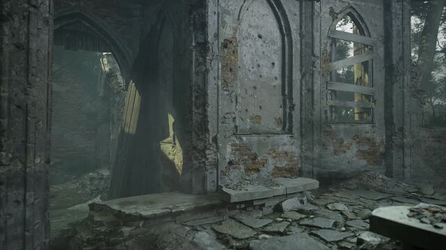 Cracked walls and broken arches stand in eerie silence, covered in vines and dust. Sunlight filters through the decay, revealing secrets long hidden in this abandoned place.
