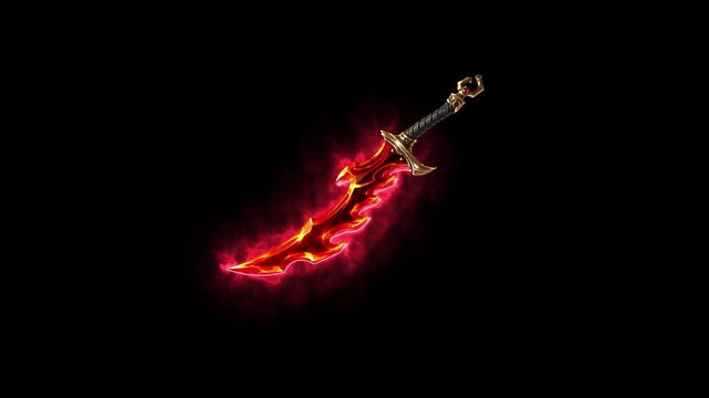 Fiery fantasy dagger blade glowing with red fire aura isolated on black background.
