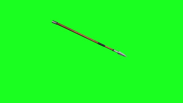 Realistic medieval spear flying through the air isolated on green screen chroma key background.