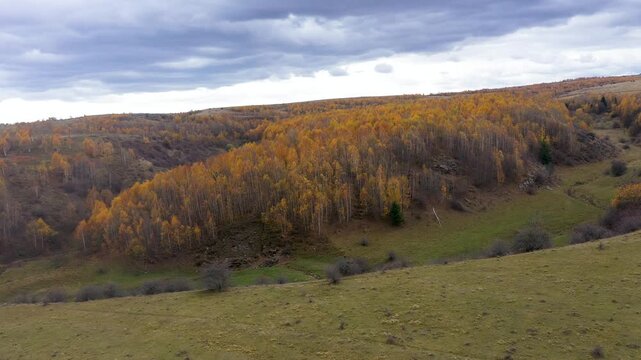 Remote wilderness hills in autumn color season aerial view