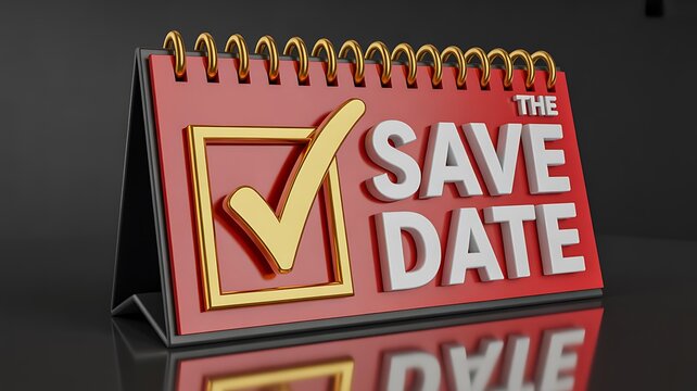 Save the date calendar reminder with checkmark on red background