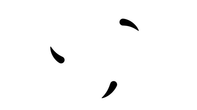 Animated three black drops of liquid moving from the center and spinning in a circle. Fluid effect. Looped video. Vector illustration isolated on white background. 