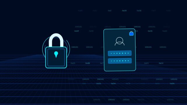 Cybersecurity and user authentication digital animation with padlock and login password interface on blue grid background