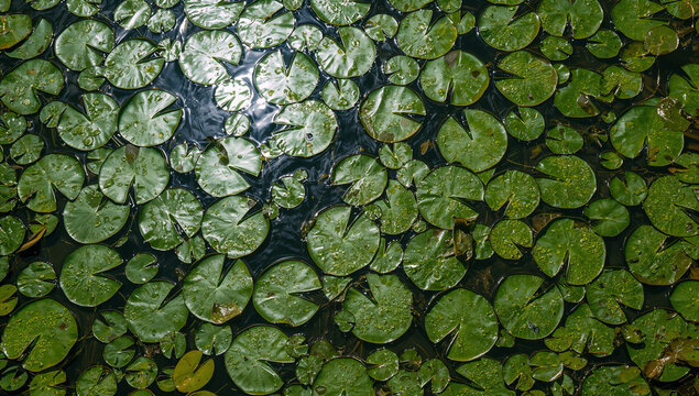 丸い睡蓮の葉が水面を覆う緑の自然背景