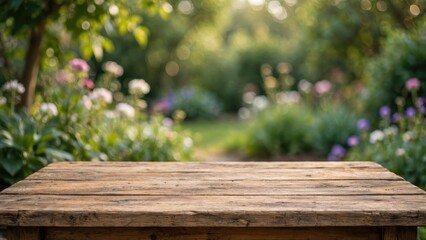 Naklejka premium Empty rustic wooden table top with blurred lush green garden background for product display.