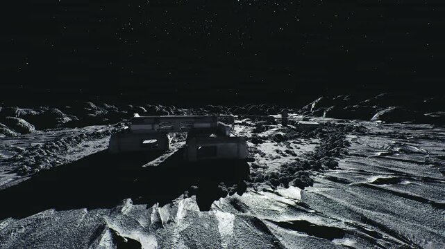 sensorequipped research module on regolith with illuminated instruments, antennae and consoles capturing telemetry beneath starfield, analytic atmosphere