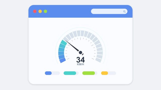 Animated speedometer dashboard interface showing changing km/h speed metrics and performance indicators