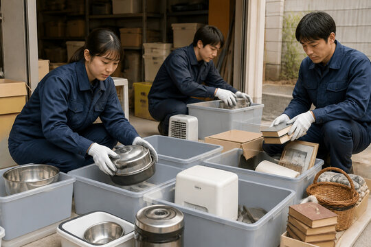 作業チームが遺品を資源別に分別する室内作業