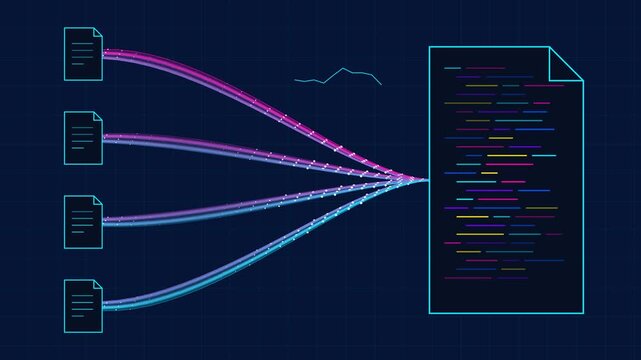Glowing neon data integration animation: four files merging into one central document via fiber optic streams on dark blue background, for tech and, software development presentations