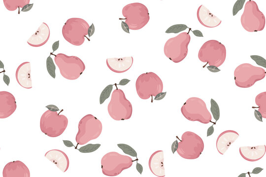 Seamless vector pattern with pink apples, pears, and sliced fruit. Cute pastel food background for fabric, packaging, and kitchen designs.