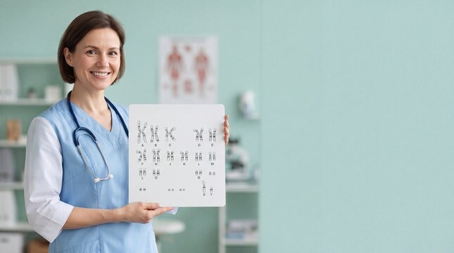 A female medical in blue scrubs holding a genetic karyotype chart, standing in a clinic ad social media download thambnail poster web template event festival 2026 2027 2028