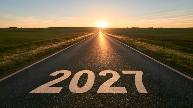 Minimal 2027 future concept, straight asphalt road with large white year numbers decreasing toward the horizon, golden sunrise, open green fields, clean sto.