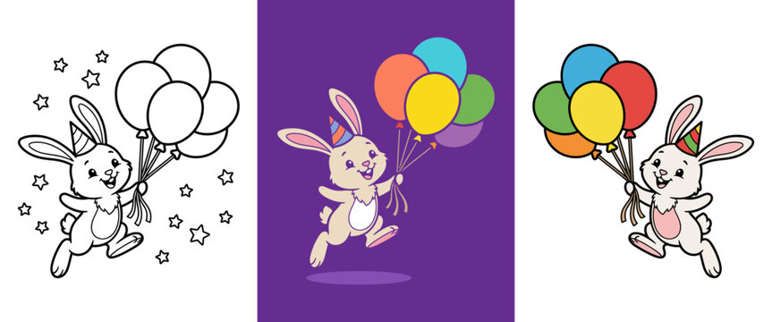 Cute bunny with colorful balloons and party hat jumping happily, line art and colored versions with stars, perfect for birthday celebrations and kids' designs.