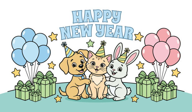Happy New Year greeting with colorful dog, cat, and rabbit friends, holding balloons and gifts, perfect for festive celebrations and invitations.