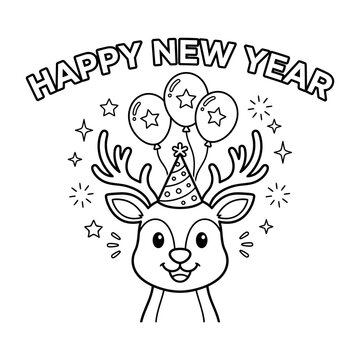 Happy new year greeting card design featuring cute deer wearing party hat with balloons and festive stars in clean black line art for holiday decor projects.