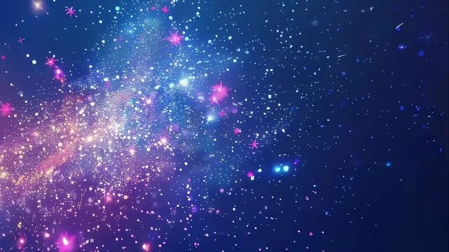 Abstract digital particles swirl, scatter, and reform across a deep blue field. Cosmic energy animation for technology, motion design, and creative backgrounds.