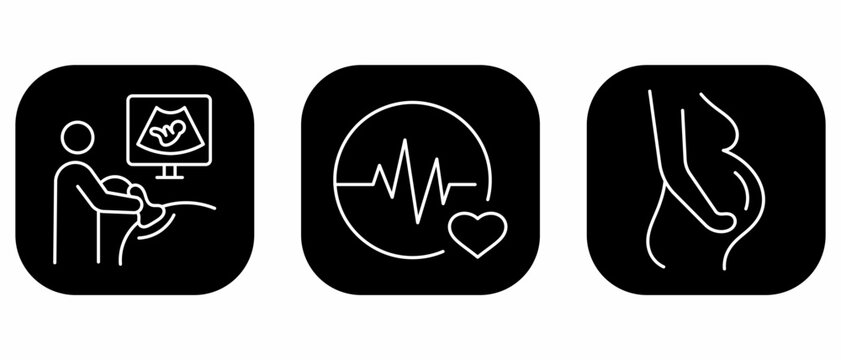 Pregnancy and maternity healthcare outline icon set, featuring ultrasound scan, fetal heartbeat, and pregnant woman symbols for medical interfaces.