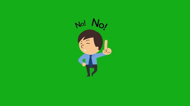 Animated cartoon businessman waving his finger and saying No! No! on a green screen. Perfect for rejection, disagreement, and warnings.