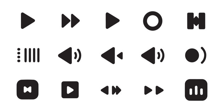 Dark multimedia interface control icons set for video audio playback applications and digital software design projects.