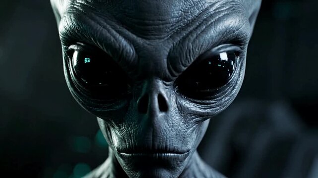Cinematic close-up animation of a classic grey alien with large black glossy eyes turning its head slowly to stare directly into the camera. Detailed skin texture