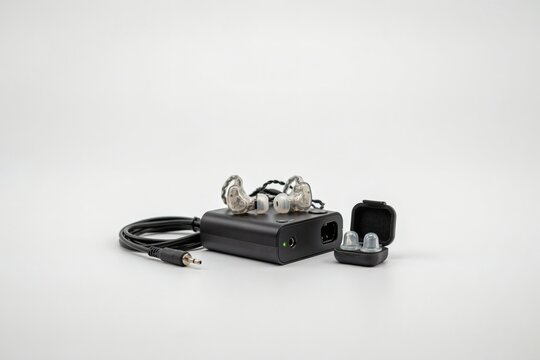 Live sound engineer's in-ear monitor pack and earpieces